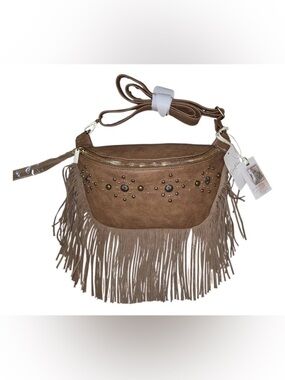 Jessica Simpson Calypso Fringe Stud Crossbody-Belt Bag (Brown)